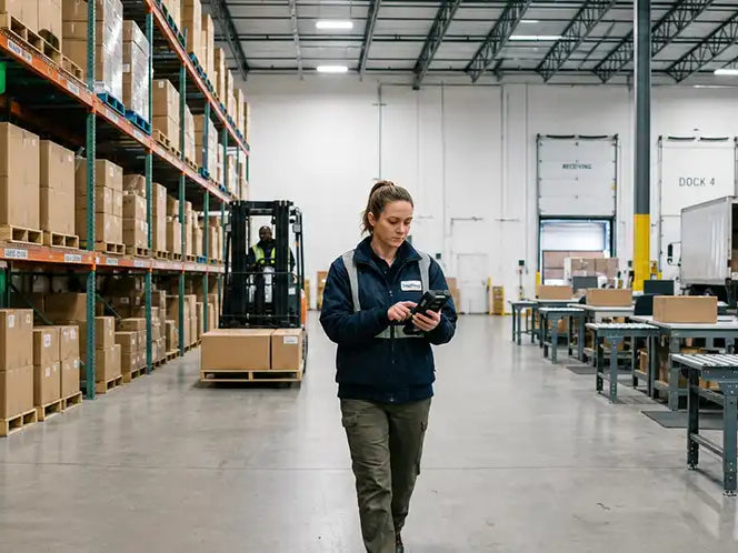 Warehouse employee using a mobile computer during inventory operations in a large distribution center with loading docks and conveyor workstations.