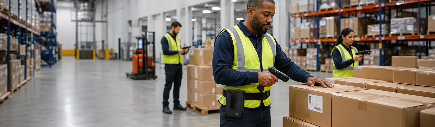 Warehouse employees using Cognex scanners to verify cartons, with an Agoz black scanner holster worn at the waist.