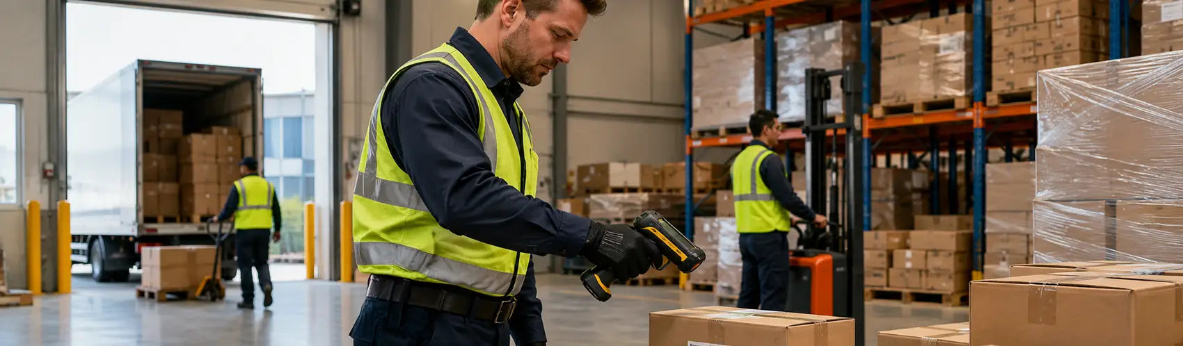 Shipping employee wearing an Agoz holster for a Cognex scanner while preparing a carton at a packing station.