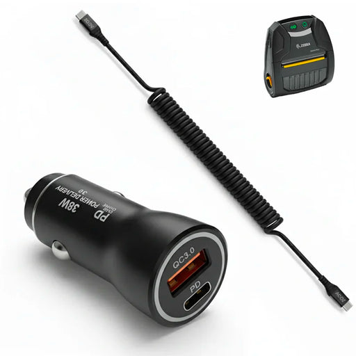 38W Fast Car Charger & USB-C Coiled Cable for Zebra Mobile Printers