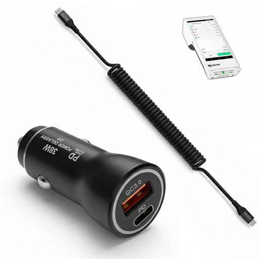 38W Fast Car Charger and USB-C Coiled Cable for Clover Flex 3 POS