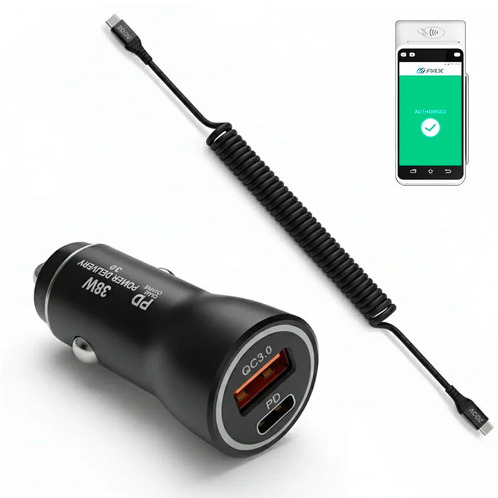 38W Fast Car Charger and USB-C Coiled Cable for PAX A920 Pro POS