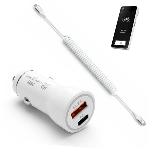 38W Fast Car Charger and USB-C Coiled Cable for Square Handheld POS