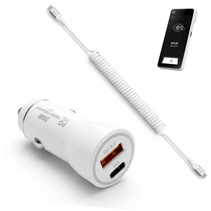38W Fast Car Charger and USB-C Coiled Cable for Square Handheld POS