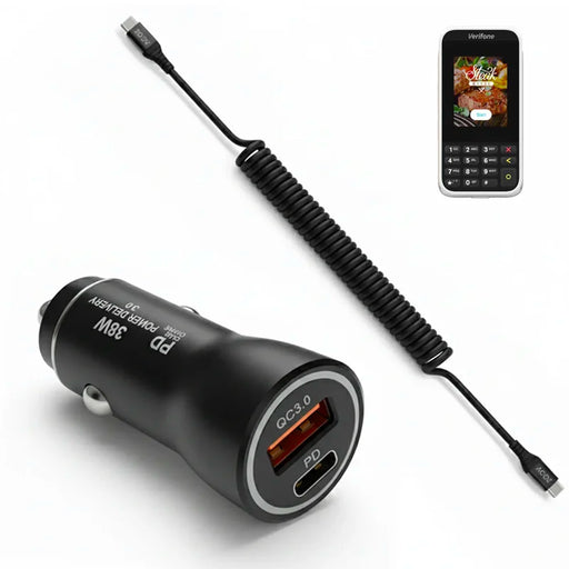 38W Fast Car Charger and USB-C Coiled Cable for Verifone e285 mPOS