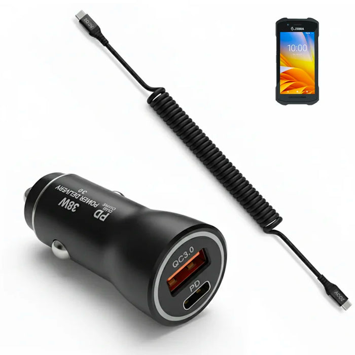 38W Fast Car Charger and USB-C Coiled Cable for Zebra TC26 Scanner