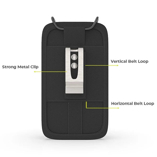 Back view of AgozTech radio case with strong metal clip and belt loops