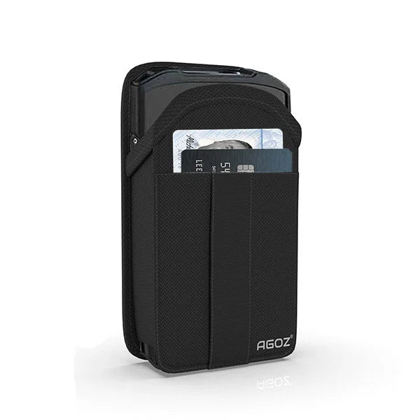 Newland POS terminal in an AgozTech black canvas case with front pocket holding cards and credentials.