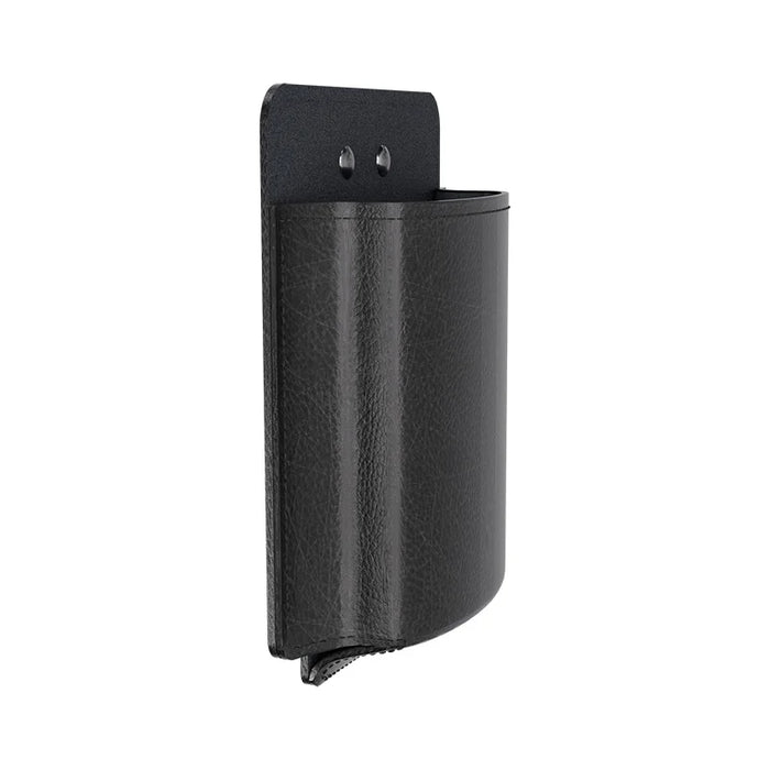 Side view of AgozTech black leather case showing the open-top pouch, protective back panel, and slim carry profile.