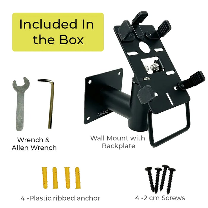 AgozTech Newland POS wall mount kit with metal mounting bracket, wrench, Allen wrench, four plastic wall anchors, and four mounting screws.