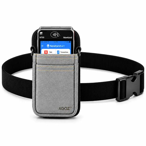 Gray Agoz Newland payment terminal holster featuring an adjustable black waist belt, secure buckle, and front accessory pocket.