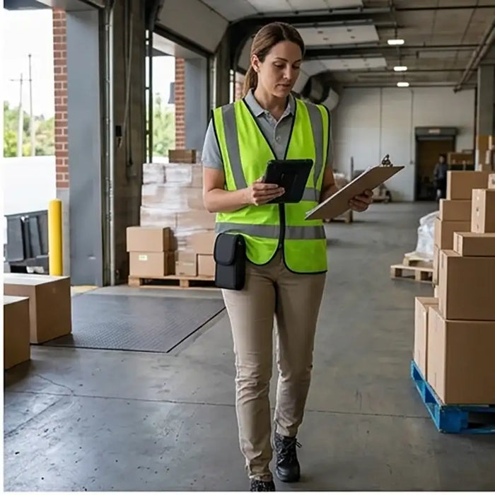 Warehouse employee wearing an AgozTech rugged CipherLab handheld case with belt clip while checking a tablet and clipboard during shift-based logistics work.