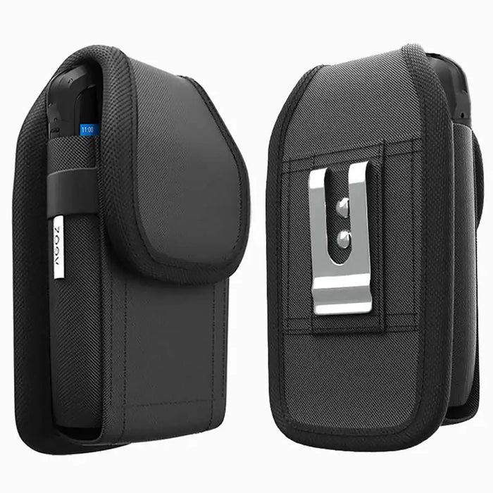 AgozTech rugged handheld case shown from front and back with mobile computer fit, side access slot, and metal belt clip attachment.