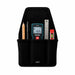 Front view of black Agoz utility tool pouch holding a Makita LD0 laser distance measure, pencil, pen, metal ruler, and mini level in separate storage pockets.
