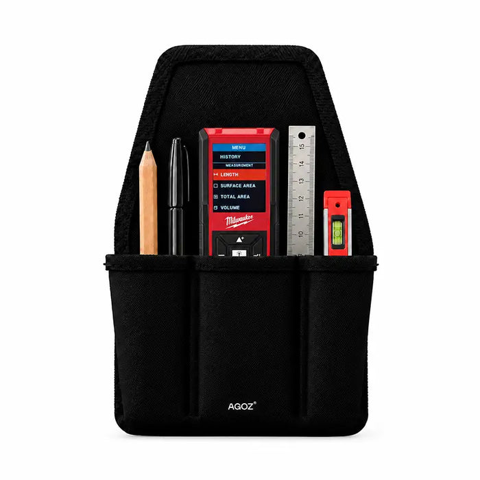 Front view of black Agoz utility tool pouch holding a Milwaukee laser distance meter, pencil, pen, metal ruler, and mini level in separate storage pockets.