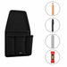 Angled view of empty black Agoz utility tool pouch with multiple storage pockets, shown alongside illustrations of measuring and marking accessories.