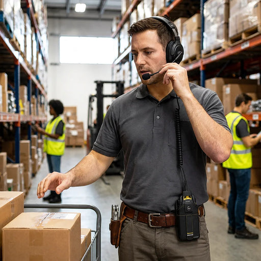 Warehouse worker wearing a headset with a Honeywell Voice terminal secured in an AgozTech snap closure case on a waist belt while handling fulfillment boxes in a warehouse aisle.