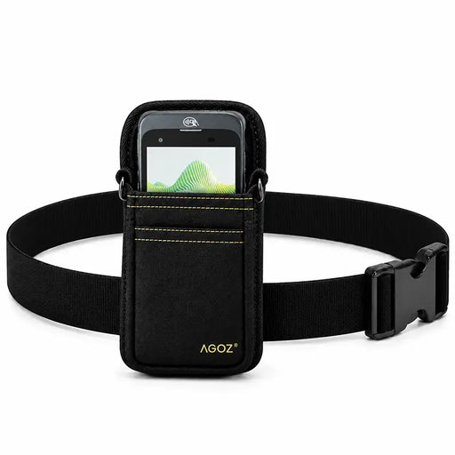 Black Agoz Orderman POS holster with rugged adjustable waist belt, quick-release buckle, front storage pocket, and Orderman payment terminal.
