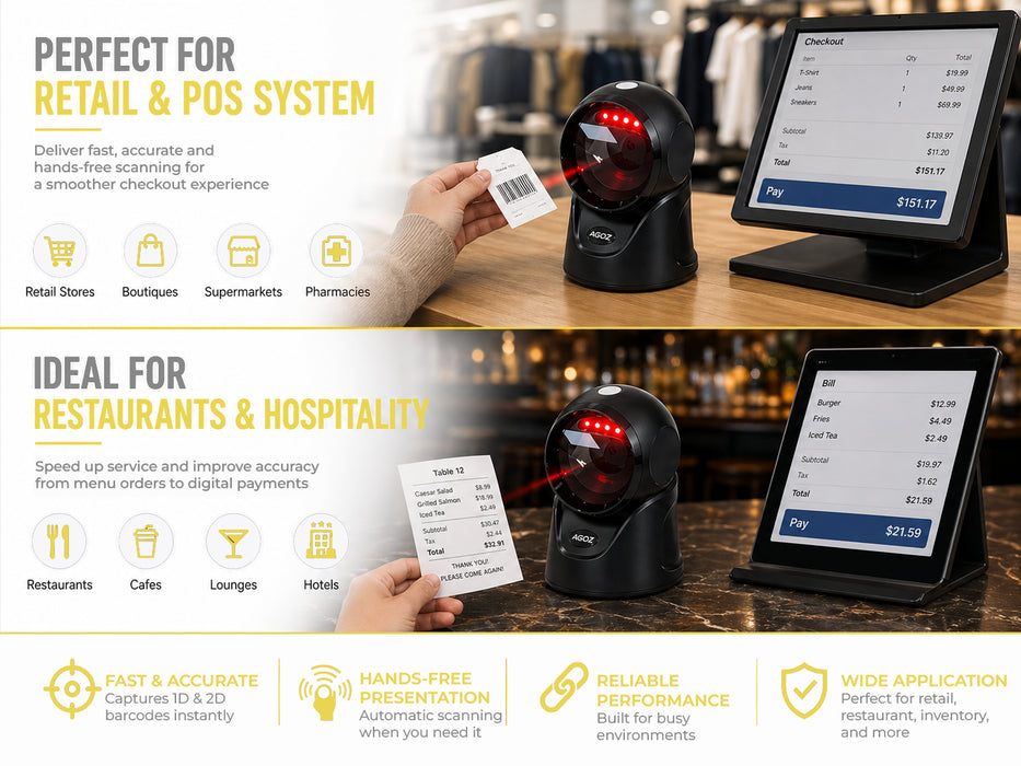 AGOZ AG-860P barcode scanner for retail POS restaurants and hospitality