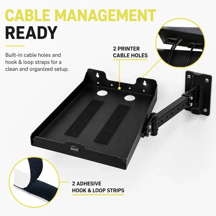 Agoz Zebra ZD621 printer shelf with two cable-routing holes and adhesive hook-and-loop strips for cable management.