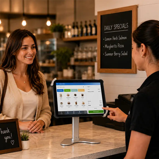 Cafe employee using a Unitech RT112 POS tablet on an Agoz countertop stand while assisting a customer.