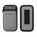 Two views of a gray and black fabric Adyen card holder phone case with a front card slot, shown on a white background.