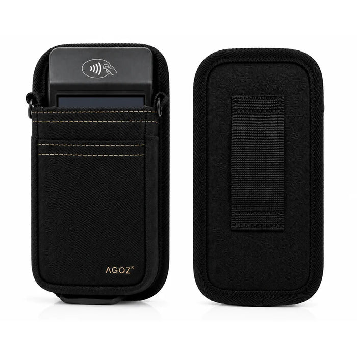 Black textured Adyen POS pouch shown from two angles: one front view with a card slot containing a black card and gold AGOZ branding, and one back view with a hook-and-loop closure panel.
