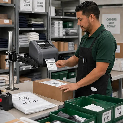 Employee printing pickup labels from a Brother label printer mounted beside an order fulfillment workstation.