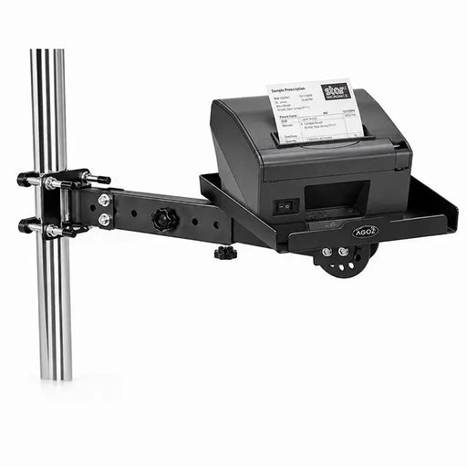 Star Micronics printer mounted on Agoz adjustable pole-mount tray with swing arm for service workstations.