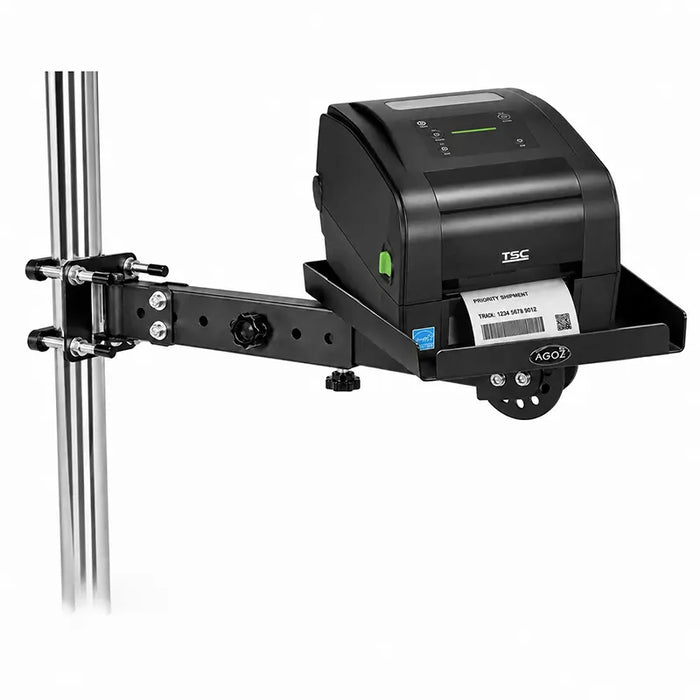 TSC label printer secured on an Agoz adjustable pole-mount shelf for manufacturing identification workflows.