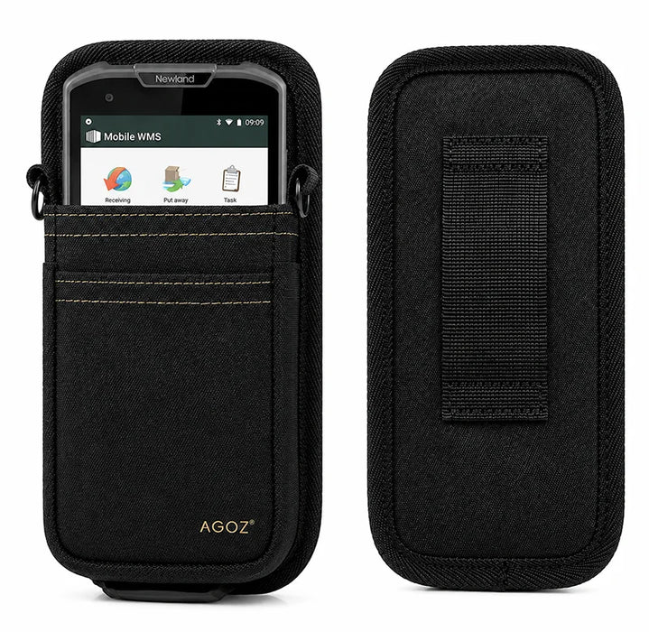 Black Newland shoulder sling holster with Newland mobile computer secured in the front pouch and rear belt loop view.