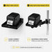 Comparison of the Agoz Honeywell printer shelf used alone or with an adjustable pole-mount swing arm for space-saving installation.