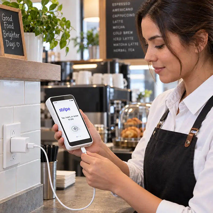 Café worker connecting a Stripe Reader S700 and S710 to an Agoz white wall charger and USB-C cable