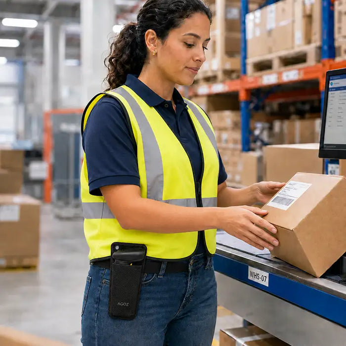 Warehouse worker handling a labeled package with a CipherLab 2564-style scanner secured in a black Agoz waist belt case.