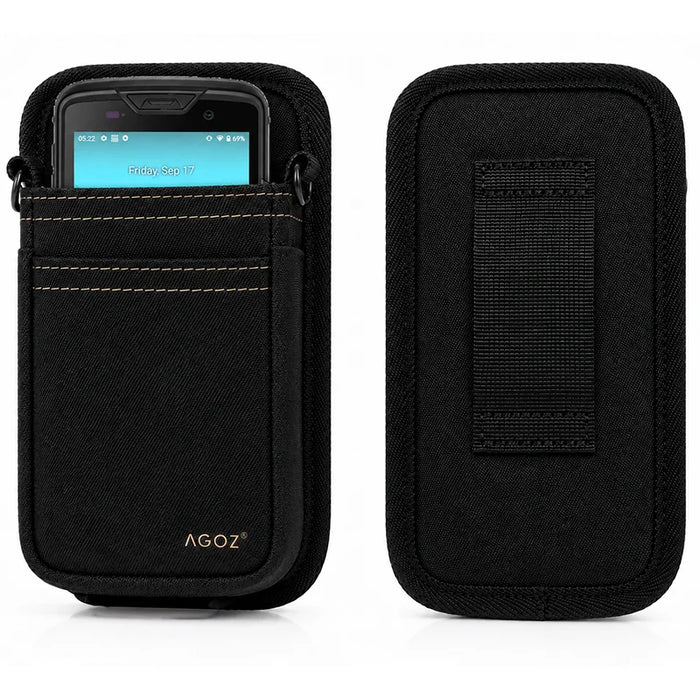 Black Unitech waist belt pouch shown with front scanner access and rear belt loop detail for compact device carry.