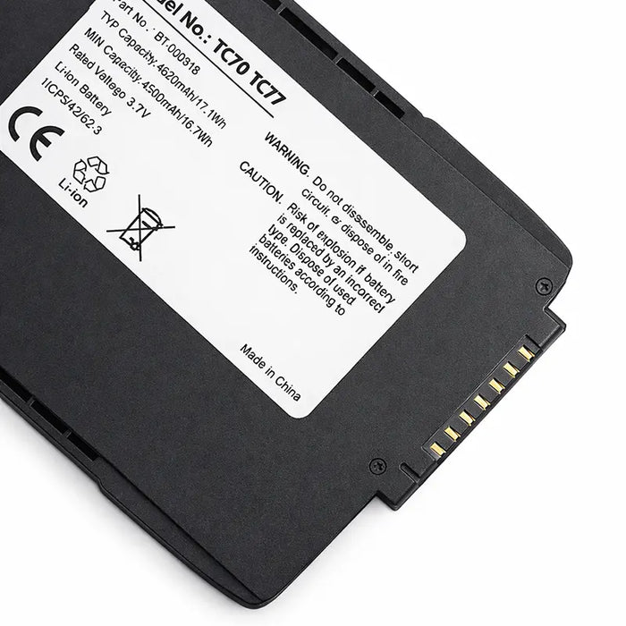 Close-up of replacement battery for Zebra TC77 mobile computer with connector pins