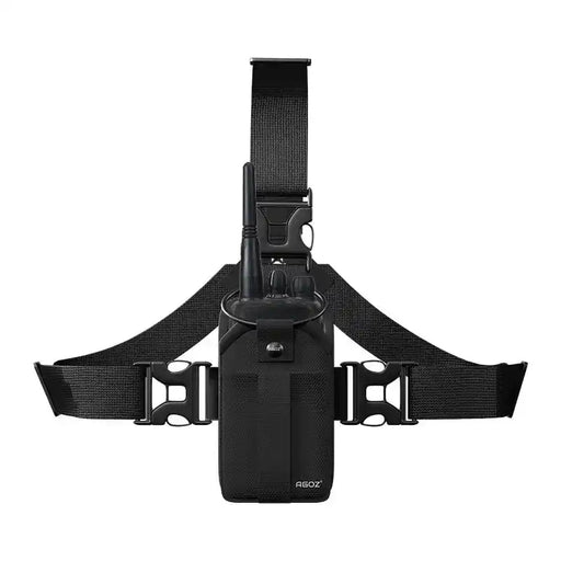 Chest harness pouch for DEWALT two-way radio with front-facing radio holder and adjustable black straps