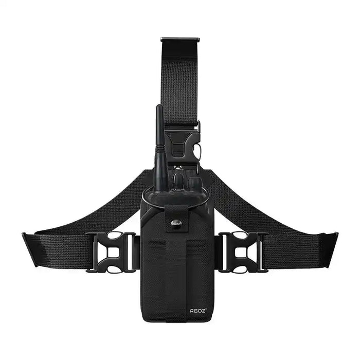 Chest harness pouch for L3Harris two-way radio with front-facing radio holder and adjustable black straps