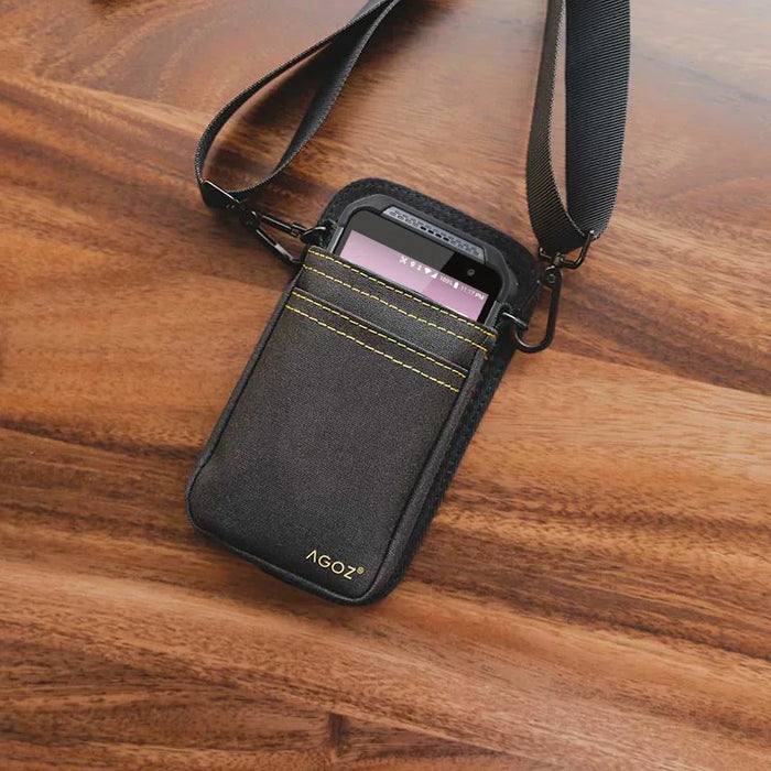 Black AgozTech Point Mobile scanner holster with crossbody sling on wood surface
