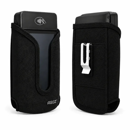 Agoz rugged Castles POS terminal case shown from front and rear angles, featuring a secure black holster design with metal belt clip and belt loop attachment.