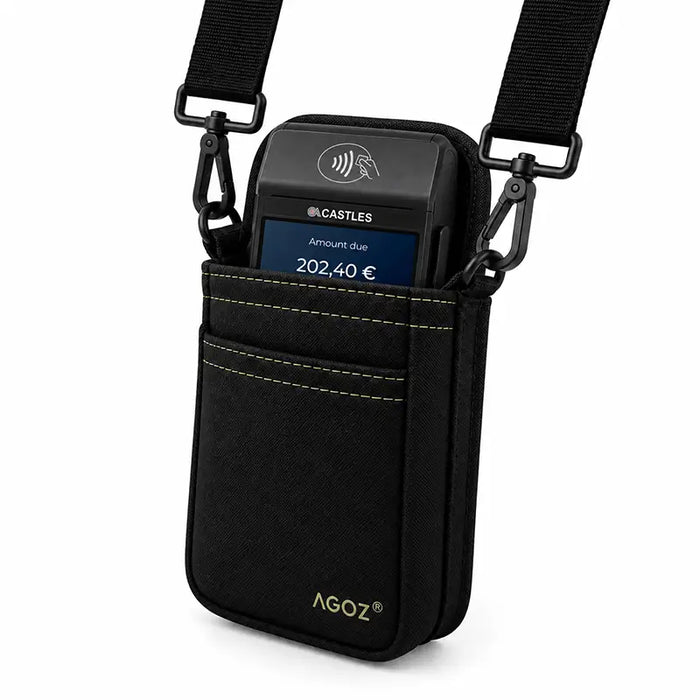 Castles POS terminal secured in black Agoz holster with shoulder sling