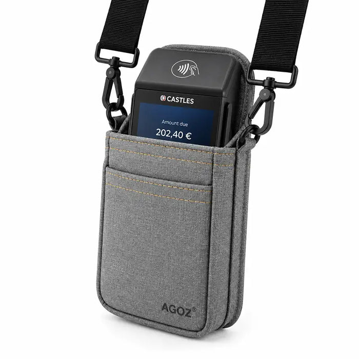 Castles POS terminal secured in gray Agoz holster with shoulder sling