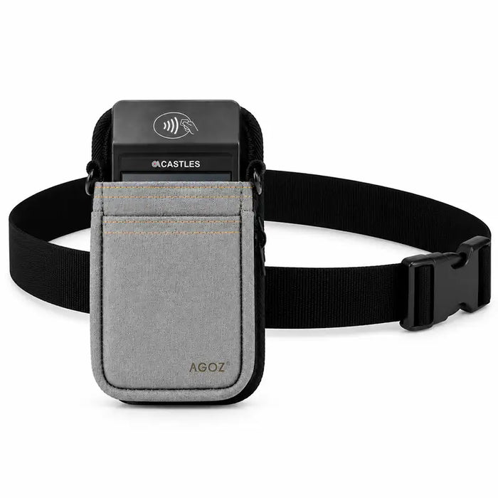 Gray Agoz holster with durable waist belt for Castles handheld POS terminal