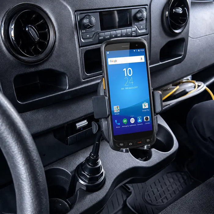 Chainway mobile scanner secured in an AgozTech cup holder cradle mount inside a vehicle console.