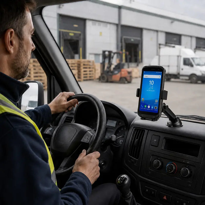 Chainway mobile scanner mounted on a delivery vehicle dashboard using an AgozTech cradle holder at a warehouse loading dock.