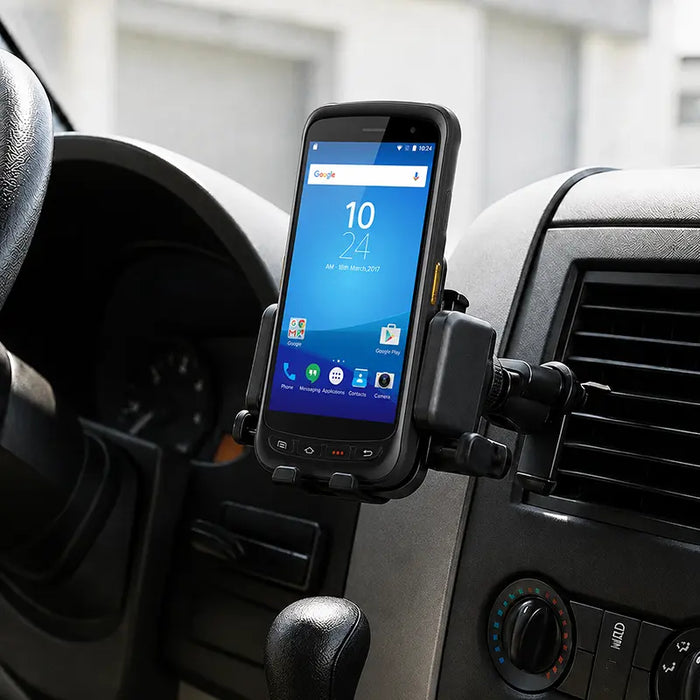 Chainway mobile scanner secured in an AgozTech air vent cradle mount inside a commercial vehicle dashboard.