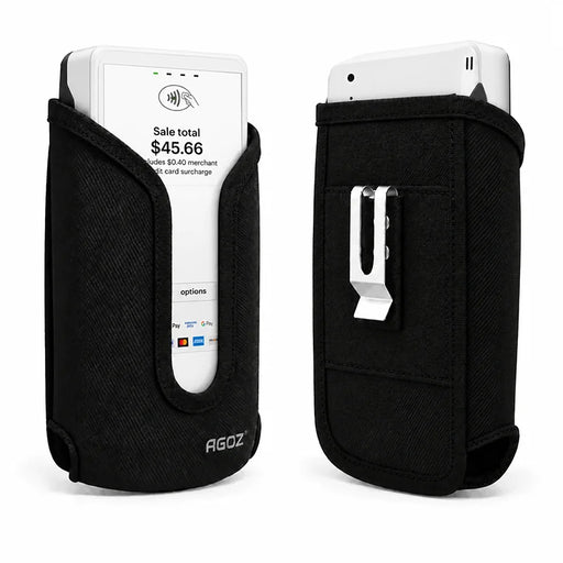 Agoz Clover Flex handheld POS terminal holster shown from front and rear angles, featuring a black protective pouch, open-screen design, secure metal belt clip, and belt loop.