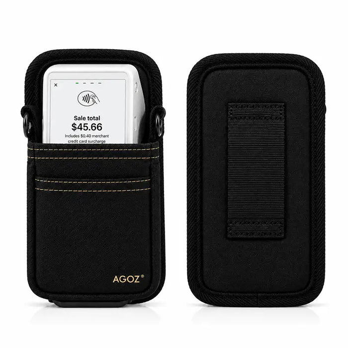 Front and back view of black Agoz Clover Flex POS holster with integrated belt loop