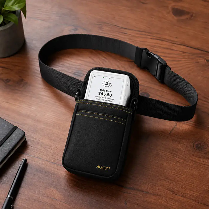 Black Agoz waist belt holster with Clover Flex POS terminal for hands-free mobile checkout