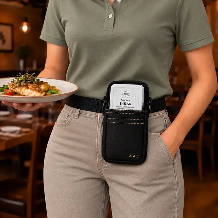 Restaurant server wearing Clover Flex POS terminal holster with rugged waist belt